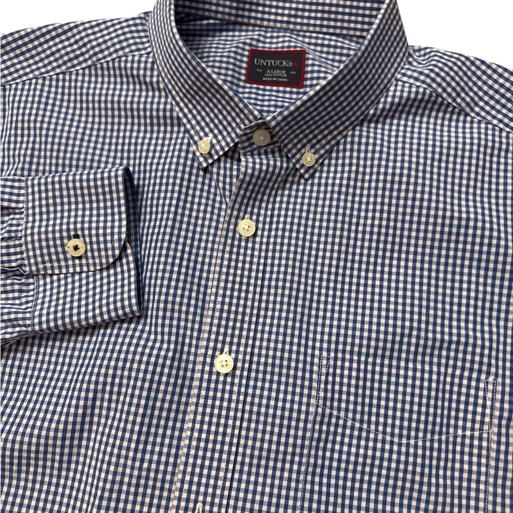 UnTUCKit Button Down‎ Shirt Men's Sz XL Navy Blue Gingham Long Sleeve Casual